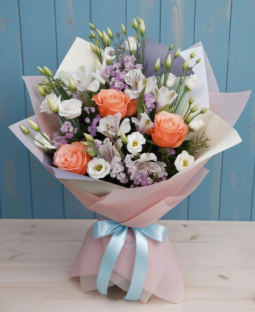 Букет цветов из: Лизиантусы, Розы, Альстромерии и Гипсофила в Сунже Республики Ингушетия